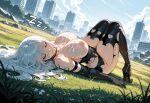  1girl after_sex ai_generated cityscape curvy curvy_female curvy_figure exposed_breasts long_hair nier:_automata nude silver_hair sleeping yorha_type_a_no._2 