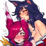  2_girls ahri ahri_(league_of_legends) ai_generated bird_ears bird_girl black_hair ear exodia_girl fox_ears fox_girl kitsune league_of_legends red_hair riot_games simple_background teasing uncommon_stimulation xayah xayah_(league_of_legends) yellow_eyes yuri 