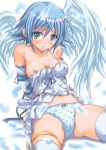 1girl angel angel_wings asymmetrical_wings blue_hair breasts camisole lingerie nanael nipples panties polka_dot polka_dot_panties queen's_blade queen's_blade solo takumi_namuchi thighhighs underwear up_skirt upskirt wings