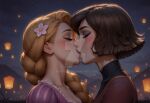  2_girls bangs blonde_female blonde_hair blush bopitphy braid breasts brown_hair brown_lipstick cassandra_(tangled) cleavage closed_eyes collarbone company_connection couple crossover dark_brown_hair disney disney_princess dress duo eyeshadow female/female female_only friends grey_eyeshadow height_difference heroine kissing lantern lips lipstick long_hair love makeup medium_breasts mountain multiple_girls mutual_yuri neck night night_sky outside paper_lantern pink_lipstick princess puffy_long_sleeves puffy_sleeves purple_dress rapunzel rapunzel_(tangled) rivals romantic romantic_couple short_hair sky small_breasts star starry_sky straight_hair sweat sweatdrop swept_bangs tangled tangled:_the_series tangled_(disney) tied_hair turtleneck upper_body very_long_hair villainess yuri 