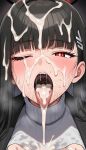  1girl after_fellatio after_oral ai_generated black_hair blue_archive blush close-up clothed clothed_female cum cum_in_mouth cum_on_face cumshot excessive_cum light-skinned_female light_skin nikumist one_eye_closed open_mouth red_eyes rio_(blue_archive) rio_tsukatsuki_(blue_archive) saliva sexually_suggestive sweat sweatdrop sweating tongue tongue_out 