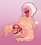 1boy 2026 ass_up blue_eyes boo_(mario) danndrawg facial_hair human licking_ass male male_focus mario mario_(series) muscular muscular_male nintendo no_visible_genitalia nude nude_male on_knees one_eye_closed pink_background