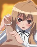 1boy 1girl aisaka_taiga blush censored handjob paopa_ship penis school_uniform solo taiga_aisaka toradora!