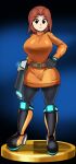 1girl 1girl 1girls :| alternate_breast_size arm_cannon belt belt_buckle big_breasts black_eyes black_footwear black_gloves black_leggings black_pantyhose blue_background boots breasts brown_belt brown_hair buckle captain_kirb closed_mouth clothing curvy dress expressionless forehead full_body gloves gun hair_intakes hand_on_own_hip huge_breasts knee_boots leggings legs_apart long_hair long_sleeves looking_at_viewer medium_hair mii mii_gunner mii_gunner_(smash_4) mob_face narrow_waist neon_trim nintendo orange_dress orange_footwear orange_sweater pantyhose parted_bangs short_dress short_hair skindentation standing super_smash_bros. sweater sweater_dress taut_clothes thick_thighs thighs trophy turtleneck turtleneck_dress turtleneck_sweater weapon wide_hips