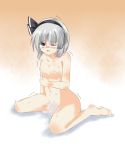  1girl barefoot blush cum cum_inside cum_on_breast flat_chest konpaku_youmu nekomu_shi nipples nude ribbon ribbons short_hair solo touhou youmu_konpaku 