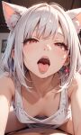  1boy 1girl ai_generated bedroom blush breasts cat_ears cat_girl cleavage earrings ember_paradox female_on_top indie_virtual_youtuber leaning_forward legs_spread male_on_bottom pov red_eyes small_breasts tank_top tongue tongue_out virtual_youtuber vtuber white_hair white_tank_top 