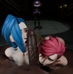  2_girls 2girls1boy 3d 3d_(artwork) 3d_art 3d_artwork 3d_model arcane arcane_caitlyn arcane_jinx arcane_vi art blender blue_hair braided_hair brightburn3d dark-skinned_male digital_art digital_artwork_(media) digital_media digital_media_(artwork) duo fellatio fully_nude interracial jinx_(league_of_legends) league_of_legends licking_penis looking_at_penis looking_at_viewer nude pale-skinned_female red_hair riot_games sisters sucking_balls tagme vi 