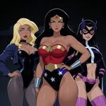 3_girls amazon arm_at_side bangs bare_arms bare_legs bare_shoulders belt big_breasts birds_of_prey black_background black_canary black_canary_(dcau) black_choker black_eyes black_hair black_leotard blonde_female blonde_hair blue_eyes blue_jacket blue_leotard bracer breasts choker cleavage closed_mouth collarbone dc_comics dcau diana_prince dinah_lance earrings female_only friends gold_jewelry green_arrow_(series) grey_legwear grey_pantyhose grin half-closed_eyes hand_on_hip hands_on_hips helena_bertinelli heroine highleg highleg_leotard huntress_(dc) jacket jewelry justice_league justice_league_unlimited legs legwear leotard lips lipstick long_hair long_sleeves looking_at_viewer makeup mask medium_breasts mound_of_venus multicolored_clothes multicolored_leotard multiple_females multiple_girls navel navel_cutout neck open_clothes open_jacket pantyhose parted_bangs parted_lips pink_lipstick purple_belt purple_thighhighs red_leotard red_lipstick serious sghero1234 sghero1234_(artist) silver_bracer silver_earrings silver_jewelry smile standing star star_(symbol) star_earrings star_print stockings straight_hair strapless strapless_leotard superhero_costume superheroine themysciran thighs tiara trio turtleneck turtleneck_leotard two-tone_leotard utility_belt wonder_woman wonder_woman_(series) 