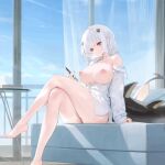  1girl azur_lane big_breasts blouse blush breasts breasts_jiggling breasts_out edit explorer_(azur_lane) female_only gif hair_accessory hair_ornament holding_phone legs_crossed living_room mofumochii nipples partially_clothed phone siren_(azur_lane) sitting_on_couch smile solo_female tail third-party_edit white_blouse white_hair yellow_eyes 