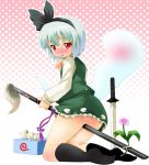  1girl blush brush crotch_rub female flower footwear hairband hitodama katana konpaku_youmu konpaku_youmu_(ghost) masturbation michii_yuuki myon no_panties red_eyes ribbon sheath sheathed short_hair silver_hair socks solo sword touhou weapon youmu_konpaku 