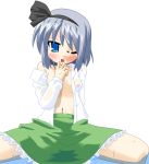 1girl bad_id cum facial female hujikok konpaku_youmu open_shirt shirt short_hair skirt solo spread_legs suggestive_fluid touhou youmu_konpaku