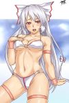 1girl belly bikini blush breasts cleavage female fujiwara_no_mokou hair hou_takashi_ji houtengeki long_hair midriff navel red_eyes ribbon ribbons solo swimsuit touhou underboob white_hair