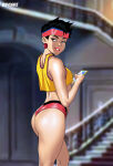 asian_female ass black_hair brown_eyes cellphone earrings jubilation_lee jubilee looking_at_viewer looking_back marvel r3ydart short_hair shorts staircase sunglasses sunglasses_on_head tank_top x-men