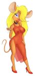  1girl anthro blonde_hair blue_eyes bracelet breasts breasts_visible_through_clothing chip_'n_dale_rescue_rangers collar cup_holder disney female_focus furry furry_female gadget_hackwrench high_heels high_res jewelry makeup mouse_ears mouse_girl mouse_tail nipple_studs nipples nipples_visible_through_clothing pussy_visible_through_clothes red_dress seductive_look see-through simple_background transparent_background transparent_clothing 
