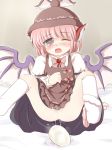  1girl animal_ears blush dress egg egg_laying female hat kneehighs mystia_lorelei pussy_juice ry short_hair solo spread_legs tears touhou wings 