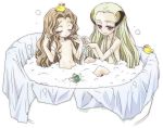 2_female_humans 2_females 2_humans 2girls artist_request bath bathtub brown_hair bubble_bath closed_eyes code_geass coed_bathing duo female female_human flat_chest hair long_hair mixed_bathing multiple_girls nipples nude nunnally_lamperouge red_eyes rubber_duck simple_background sitting teen v.v. white_background young