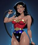  1girl amazon arm_behind_back bangs bare_arms bare_legs bare_shoulders big_breasts black_hair blue_background blue_eyes blue_leotard bracer breasts cleavage collarbone dc_comics dcau diana_prince earrings female_only female_solo gold_jewelry grin half-closed_eyes hand_up head_tilt heroine highleg highleg_leotard holding holding_hose hose jewelry justice_league justice_league_unlimited legs legs_together leotard lips lipstick long_hair looking_at_viewer makeup mound_of_venus multicolored_clothes multicolored_leotard naughty_face neck parted_bangs parted_lips red_leotard red_lipstick sghero1234 sghero1234_(artist) silver_bracer silver_earrings silver_jewelry smile standing star star_(symbol) star_earrings star_print straight_hair strapless strapless_leotard superhero_costume superheroine themysciran thick_thighs thighs tiara two-tone_leotard water wet wet_body wet_clothes wet_hair wonder_woman wonder_woman_(dcau) wonder_woman_(series) 