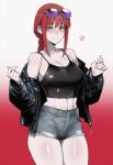 1girl ai_generated ass ass_visible_through_thighs big_breasts blush breasts chainsaw_man clothed clothed_female collarbone grin heart huge_breasts looking_at_viewer looking_back makima_(chainsaw_man) red_hair short_shorts shorts smile sunglasses thick_thighs thighs truck-kun_art yellow_eyes