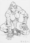 arm_support boots braid breasts cammy_white capcom erect_nipples garrison_cap hat huge_breasts large_breasts mogudan monochrome muscle squat squatting street_fighter twin_braids