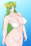  1girl alluring american_(fake) bare_legs big_breasts bikini cleavage goddess green_eyes green_hair kid_icarus naked_from_the_waist_down nintendo palutena pin_up under_boob 