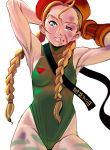 armpits bad_id beret blonde_hair blood blue_eyes braid bruise bruises cammy_white capcom hat injury leotard long_hair masao muscle street_fighter streetfighter twin_braids