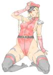 1girl alternate_costume belt blonde_hair blue_eyes braid breasts cammy_white capcom cosplay erect_nipples fingerless_gloves from_below full_body gloves grey_eyes hat impossible_clothes kneeling kyura9een kyura_(kyura9een) kyuraa_(kyura9een) legs leotard lips long_hair looking_at_viewer m_bison_(cosplay) military military_uniform open_mouth salute scar shoulder_pads sideboob simple_background solo spread_legs street_fighter street_fighter_iv thighhighs twin_braids uniform vega vega_(cosplay) white_background