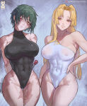  2_girls 2girls big_breasts bikini blonde_hair brown_eyes bubble_butt cleavage green_hair horny howxen inviting_to_sex jujutsu_kaisen looking_at_viewer maki_zenin pose standing swimsuit teasing thick_thighs tsukumo_yuki tsukumo_yuki_(jujutsu_kaisen) yellow_eyes yuki_tsukumo zenin_maki 