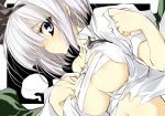  1girl blush breasts cleavage delusion_overdose female ghost hitodama konpaku konpaku_youmu konpaku_youmu_(ghost) large_breasts matsuno_canel myon open_clothes open_shirt ribbon sarashi shirt short_hair silver_hair solo touhou underboob undressing youmu_konpaku 