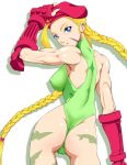 1girl ass beret blonde_hair blue_eyes braid cammy_white capcom fingerless_gloves gloves hat looking_back muscle scar shopyun solo street_fighter street_fighter_ii twin_braids