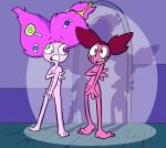 1girl 2_girls adventure_time barefoot blush candy_queen cartoon_network covering covering_crotch covering_self crossover earthvsthederek embarrassed embarrassed_nude_female embarrassing enf feet female_only fionna_and_cake gem_(species) heterochromia maroon_hair naked_female nude nude nude_female parody pink_hair pink_skin red_eyes spinel_(steven_universe) spongebob_reference spotlight steven_universe