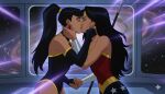  2_girls amazon bangs bare_shoulders black_choker black_gloves black_hair black_leotard blunt_bangs bracer breasts choker closed_eyes collarbone couple dc_comics diana_prince duo earrings elbow_gloves female/female female_only fingerless_gloves gloves gold_jewelry hand_on_another's_face hand_on_another's_neck hand_up heroine high_ponytail holding_hands indoors jayhardly8706 jewelry justice_league justice_league:_crisis_on_two_earths kissing leotard lips lipstick long_hair love makeup medium_breasts multicolored_clothing multicolored_leotard multiple_girls mutual_yuri neck necklace parted_bangs pink_lipstick polearm ponytail red_earrings red_leotard red_lipstick rivals romantic romantic_couple silver_bracer silver_jewelry space space_station spear standing star star_(symbol) star_print straight_hair strapless strapless_leotard superhero_costume superheroine supervillainess superwoman themysciran tiara tied_hair two-tone_leotard villainess weapon window wonder_woman wonder_woman_(series) yuri 