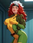  1girl alternate_hair_color anna_marie belt big_breasts bodysuit breasts female_only female_solo gloves grabbing grabbing_own_breasts green_belt green_bodysuit green_eyes green_headband green_jacket grin half-closed_eyes hands_up headband indoors jacket lips lipstick long_hair looking_at_viewer makeup marvel marvel_comics multicolored_bodysuit multicolored_clothes multicolored_hair naughty_face neck open_clothes open_jacket parted_lips red_hair red_lipstick rogue_(x-men) sghero1234 sghero1234_(artist) skin_tight smile standing two-tone_bodysuit two-tone_hair utility_belt white_hair x-men x-men:_the_animated_series yellow_bodysuit yellow_gloves 