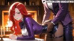 1boy 1girl ai_generated araclothed boots clothed_sex cum dark-skinned_male doggy_position league_of_legends miss_fortune miss_fortune_(league_of_legends) panties patreon purple_clothing red_hair riot_games sex ship skirt suit table_sex vaginal woman_in_suit