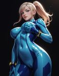  1girl arm_at_side asymmetrical_bangs bangs big_breasts black_background blonde_female blonde_hair blue_bodysuit blue_eyes bodysuit breasts cameltoe covered_navel female_only female_solo from_below grabbing grabbing_own_breast grin hand_up high_ponytail lips lipstick long_hair looking_at_viewer looking_down makeup metroid metroid_other_m metroid_zero_mission neck nintendo parted_lips pink_lipstick ponytail samus_aran sghero1234 sghero1234_(artist) skin_tight smile standing tied_hair zero_suit zero_suit_samus 