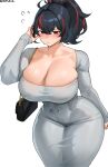  1girl big_breasts black_hair bubble_butt cleavage cromwellb horny inviting_to_sex looking_at_viewer pose red_eyes red_hair standing teasing thick_thighs zenless_zone_zero zhu_yuan 