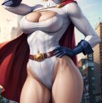  1girl arm_up bare_legs belt big_breasts blue_gloves breasts brown_belt building cape city cleavage cleavage_cutout covered_navel day dc_comics dc_comics female_only female_solo gloves hand_on_hip head_out_of_frame highleg highleg_leotard justice_society_of_america legs leotard mound_of_venus neck outside power_girl red_cape sghero1234 sghero1234_(artist) sky standing superman/batman:_public_enemies thick_thighs thighs turtleneck turtleneck_leotard white_leotard 