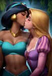 2_girls aladdin_(1992_disney_film) aqua_shirt arabian_clothes arabian_female arm_at_side bangs bare_shoulders blonde_female blonde_hair blush bopitphy breasts brown_eyeshadow cleavage closed_eyes collarbone company_connection couple crossover dark-skinned_female dark_skin disney disney_princess dress duo earrings eyeshadow female/female female_only gold_earrings gold_jewelry gold_necklace hair_ornament interracial interracial_couple interracial_yuri jewelry kissing long_hair love medium_breasts midriff multiple_girls mutual_yuri navel neck necklace off-shoulder_shirt off_shoulder parted_bangs princess princess_jasmine puffy_long_sleeves puffy_sleeves purple_dress rapunzel rapunzel_(tangled) revealing_clothes romantic romantic_couple shirt small_breasts straight_hair tangled tangled_(disney) thick_eyebrows very_long_hair yuri 