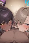 1boy 2_girls :>= ai_generated asuna_(blue_archive) black_hair blonde_hair blue_archive blue_eyes blush chocolate_and_vanilla cooperative_handjob dark-skinned_female dark_skin double_handjob ffm_threesome group group_sex halo karin_(blue_archive) licking_nipples light-skinned_female light_skin male_pubic_hair masturbation nikumist nipple_stimulation nipple_suck nipples penis pov pubic_hair saliva sweat sweatdrop sweating threesome tongue tongue_out yellow_eyes