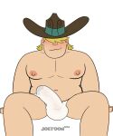 1boy 2026 blonde_hair bulge clay_bailey cowboy_hat cum_stain eyes_covered human joetoonsfw male male_focus male_only sitting smile solo_male underwear white_background xiaolin_showdown yaoi