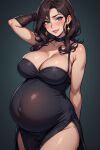  big_breasts brown_hair green_eyes lingerie looking_at_viewer smiling_at_viewer vore_belly vore_implied 