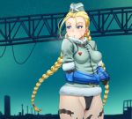 1girl alternate_costume belt blonde_hair blue_eyes braid cammy_white capcom elbow_gloves gloves hat jacket long_hair no_pants panties scar shikuta_maru solo street_fighter street_fighter_iv twin_braids underwear