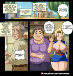  age_difference android_18 big_breasts blonde blonde_female blonde_hair comic dragon_ball dragon_ball_z imminent_sex miniskirt old_man older_male older_man_and_teenage_girl patreon super_melons transparent_clothing 