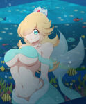 1girl alluring big_breasts blue_tail crown female female_focus jpeg mario_(series) merfolk mermaid princess_rosalina rosalina solo tail underwater wah-ngt water