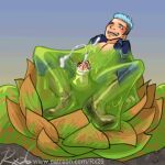 1boy blue_eyes blue_hair cum flower fully_clothed gif happy human male one_eye_closed pleasure_face rx26 shirt_open slime slime_monster solo_human solo_male sweat