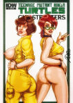 april_o'neil april_o'neil_(tmnt_1987) ass big_breasts bracelet breasts bronxboy79 brown_hair comic_cover crossover earring ghostbusters glasses green_eyes idw_comics janine_melnitz jumpsuit looking_at_viewer looking_back miniskirt necklace open_clothing pussy red_hair skirt_up tank_top teenage_mutant_ninja_turtles the_real_ghostbusters tmnt_1987 