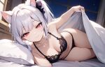  1girl ai_generated bedroom black_bra black_panties blanket bra bra_and_panties breasts cat_ears cat_girl cleavage ember_paradox female_only in_bed indie_virtual_youtuber lumia_chan medium_breasts night panties red_eyes seductive_eyes seductive_look seductive_smile side_ponytail smile solo_female under_blanket virtual_youtuber vtuber white_hair 
