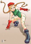  1girl beret blonde_hair blue_eyes bobuyuki boots braid cammy_white capcom fingerless_gloves garrison_cap gloves hat leotard md5_mismatch mitani_nobuyuki muscle nobuyuki_mitani solo street_fighter twin_braids 