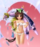  2girls animal_ears bikini blonde_hair blood brown_eyes brown_hair cat_ears cat_tail chen chen_yakumo earrings epic_nosebleed fang female fingernails fish fox_tail hat jewelry multiple_girls multiple_tails nosebleed ran_yakumo ribbon short_hair surcoat swimsuit tail touhou yakumo_ran 