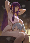 2_girls 2girls big_breasts bubble_butt cleavage fern_(sousou_no_frieren) frieren frieren_beyond_journey's_end green_eyes horny inviting_to_sex naked_female nude nude_female pose purple_eyes purple_hair shaved_pussy shexyo sitting sousou_no_frieren teasing thick_thighs white_hair 