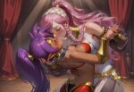  2_girls arabian_clothes arabian_female back bare_back bare_shoulders bikini bikini_top black_choker blush bopitphy bracer breast_press breasts choker cleavage closed_eyes couple crossover dancer dancer_outfit dark-skinned_female dark_skin duo earrings female/female female_only fire_emblem fire_emblem_awakening floating_hair gold_bracer gold_jewelry harem_outfit harem_pants high_ponytail holding_hands hoop_earrings indoors interracial interracial_couple interracial_yuri jewelry kissing leaning leaning_back leaning_forward long_hair love medium_breasts midriff multiple_girls mutual_yuri neck nintendo olivia_(fire_emblem) pants pink_hair pointy_ears ponytail purple_hair red_bikini red_pants red_swimsuit revealing_clothes romantic romantic_couple shantae shantae_(character) stage stage_curtains stage_show standing strapless strapless_bikini strapless_swimsuit swimsuit symmetrical_docking tiara tied_hair very_long_hair white_outfit yuri 